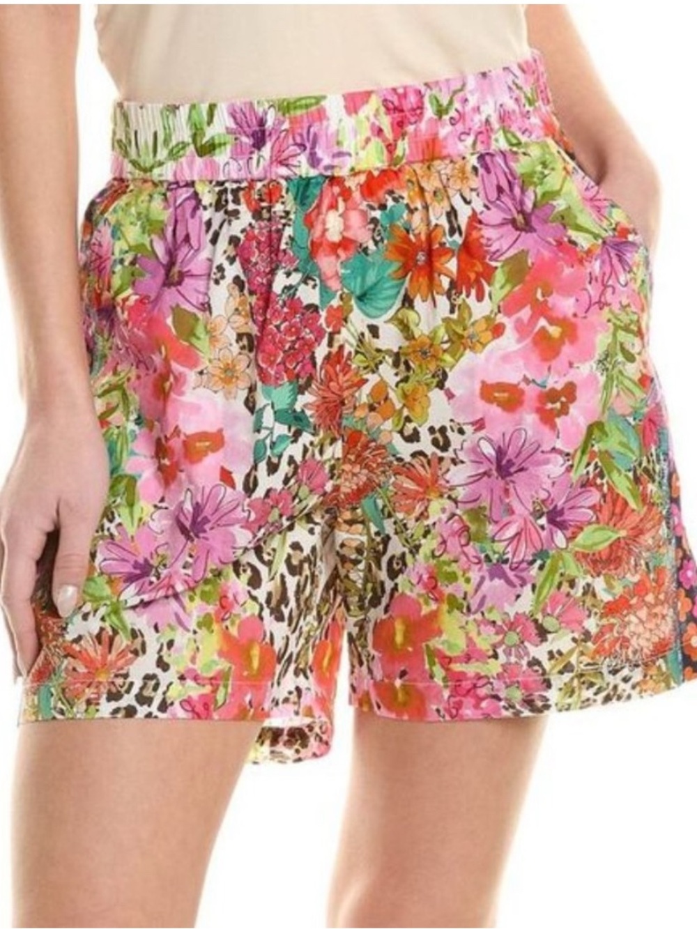 Johnny Was Multicolor Floral & Leopard Elastic-Waist Shorts